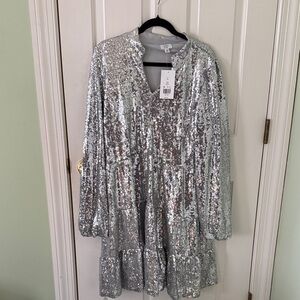 Crown & Ivy Silver Sequin Long Sleeve Dress
